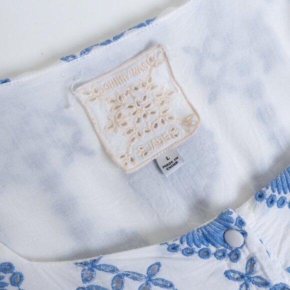 Johnny Was Dress White With Blue Embroidered Hearts Eyelet Button Up Boho Large - Picture 5 of 16